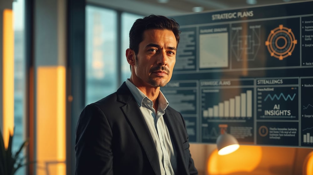 Original professional photograph, fine art style, warm golden hour light, soft focus, film-like composition. A business executive with light olive skin, determined expression, stands in a modern office, facing a glass board displaying strategic plans and AI insights. Warm, ambient lighting enhances the scene.